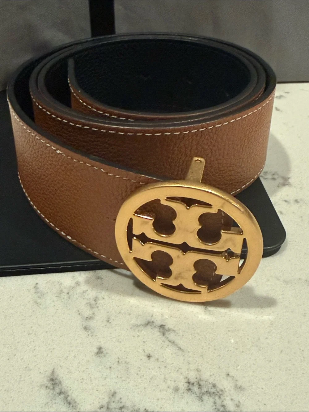 Tory Burch Brown Leather Belt with Gold Logo Buckle